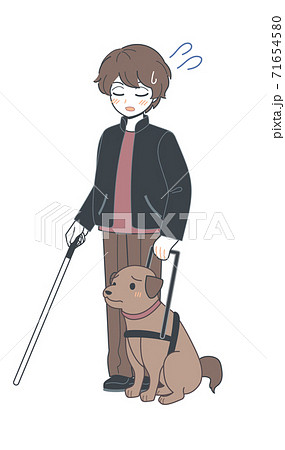 盲導犬を連れて白杖持ったお兄さん 困り顔 ベクターのイラスト素材