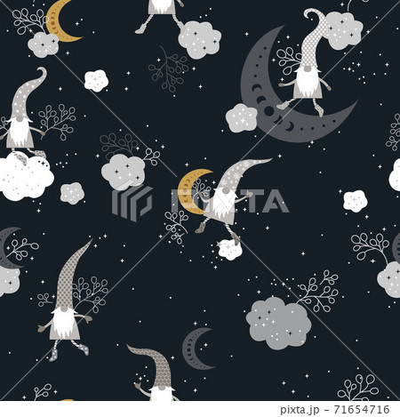 Beautiful Seamless Pattern with Gnomes, Moon and Stars 71654716