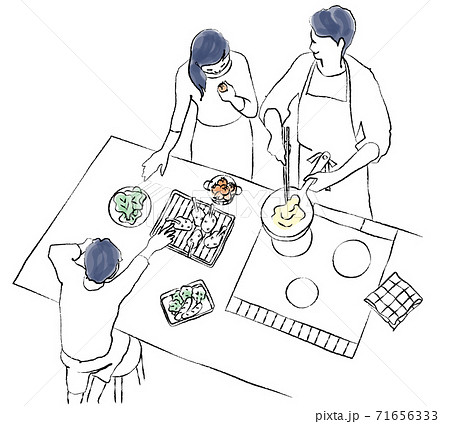お弁当を作るお母さんとつまみ食いする子供たち 俯瞰 手描き風線画のイラスト素材