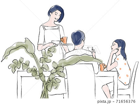 テーブルでお茶を飲む3人家族　手描き風線画 71656376