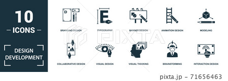 Design Development icon set. Monochrome sign collection with collaborative design, visual design, visual thinking, brainstorming and over icons. Design Development elements set. 71656463