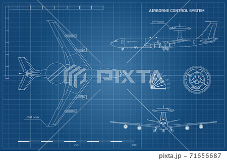Outline blueprint of military aircraft. Top, front and side jet view. Army airplane with airborne warning and control system. Industrial isolated drawing 71656687