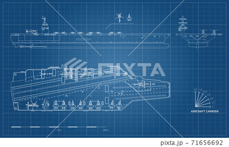 Blueprint of aircraft carrier. Military ship. Top, front and side view. Battleship model. Industrial drawing. Warship in outline style 71656692