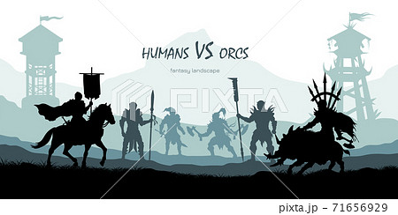 Black silhouette of battle orcs and humans. Fantasy landscape. Medieval 2d panorama. Knights and warriors fighting scene. Panorama with towers 71656929