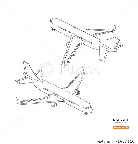 Civil isometric aircraft in outline style. Industrial blueprint of airplane. Front and back view. Plane contour icon for print or infographic 71657310