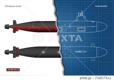 Blueprint of submarine. Military ship. Top, front and side view. Battleship model. Industrial drawing. Warship in outline style Blueprint of submarine. Military ship. Top, front and side view. Battleship model. Industrial drawing. Warship in outline style 71657311