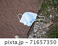 used face mask drop on ground grass floor, save the nature. garbage. 71657350