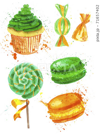 Illustration of a cupcake for St. Patrick's Day on a white background, macaroons , green and orange candies Illustration of a cupcake for St. Patrick's Day on a white background, macaroons , green and orange candies 71657402