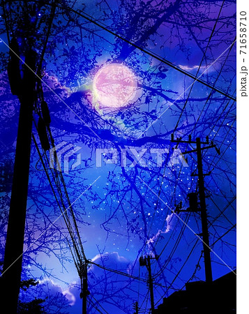 電柱と電線と街路樹の白黒シルエットと美しい満月が夜空に輝く風景画のイラスト素材