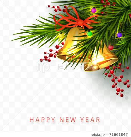 Element of the Christmas composition golden shiny bells, green spruce branch, red berries, burning colorful lanterns 71661847