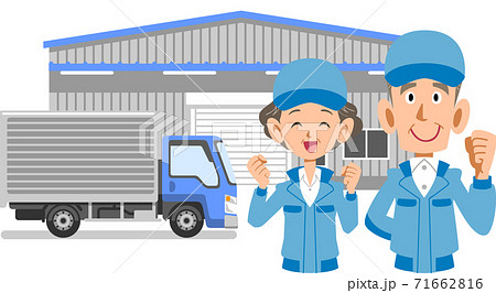 倉庫とトラックの前でガッツポーズするシニアの男女の上半身のイラスト素材
