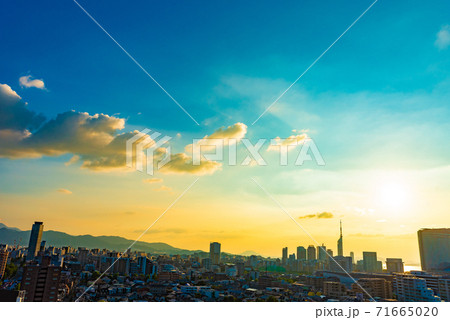 広角での福岡タワー辺りの市街一面の綺麗な夕暮れ　青空強調明るめ 71665020