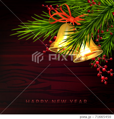 Christmas composition of a red hue, shiny gold bells, green spruce branches, red berries 71665450