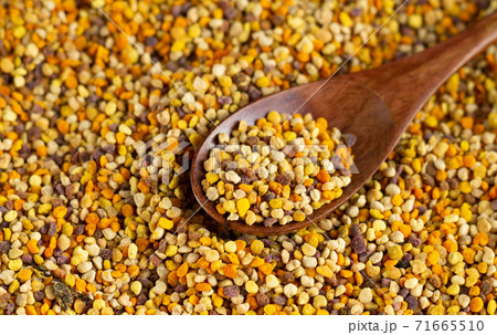 Organic bee pollen and wooden spoon close-up Organic bee pollen and wooden spoon close-up 71665510