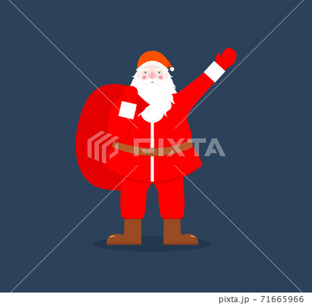 Santa Claus waves his hand with a bag of gifts on his back. Flat vector illustration for mascot or cartoon character. Illustration for Christmas cards, banners, tags and labels. Santa Claus waves his hand with a bag of gifts on his back. Flat vector illustration for mascot or cartoon character. Illustration for Christmas cards, banners, tags and labels. 71665966