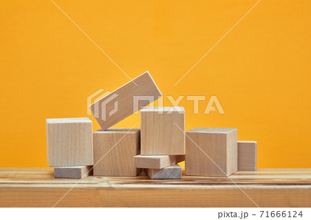 Square of empty wooden cubes mockup style, copy space. wooden blocks template for creative design, place for text 71666124
