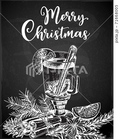 Hand drawn mulled wine and spices on a black background. 71668005