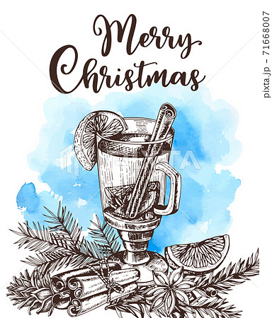 Mulled wine and spices on a blue watercolor background Mulled wine and spices on a blue watercolor background 71668007