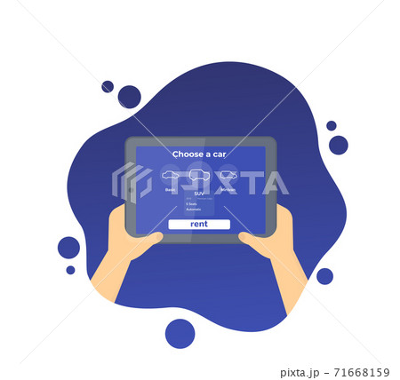 Car rent mobile app, tablet in hands, vector 71668159