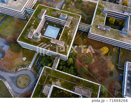 Aerial detail view of the famous Eiermann Campus in Stuttgart that was planned by famous Bauhaus architect Egon Eiermann from 1965 on and was used as an office space until 2009. Since then it is Aerial detail view of the famous Eiermann Campus in Stuttgart that was planned by famous Bauhaus architect Egon Eiermann from 1965 on and was used as an office space until 2009. Since then it is 71668268