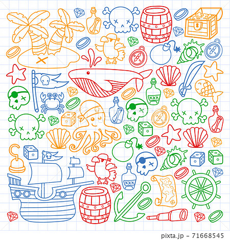 Children pirate party. Symbols of piracy - hat, swords, guns, treasure chest, ship, black flag, jolly roger emblem, skull and crossbones, compass. 71668545