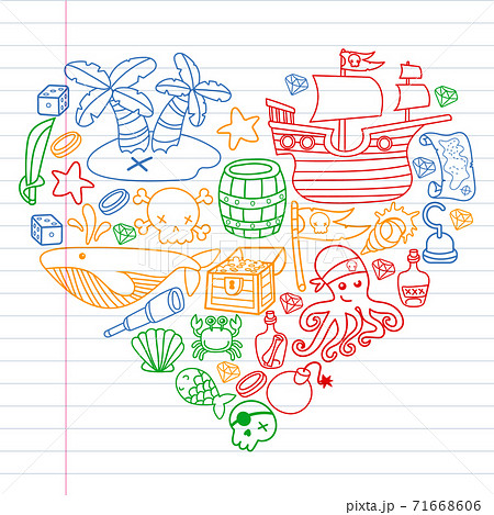 Children pirate party. Symbols of piracy - hat, swords, guns, treasure chest, ship, black flag, jolly roger emblem, skull and crossbones, compass. 71668606