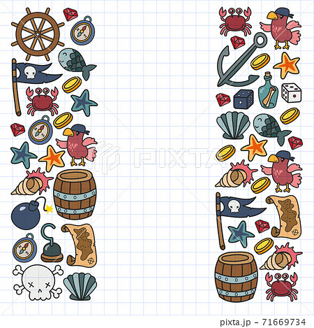 Children pirate party. Symbols of piracy - hat, swords, guns, treasure chest, ship, black flag, jolly roger emblem, skull and crossbones, compass. Children pirate party. Symbols of piracy - hat, swords, guns, treasure chest, ship, black flag, jolly roger emblem, skull and crossbones, compass. 71669734