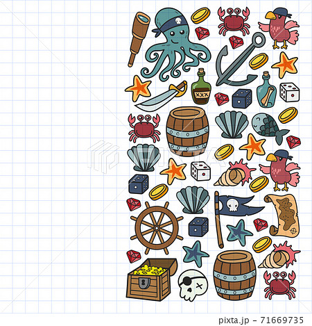 Children pirate party. Symbols of piracy - hat, swords, guns, treasure chest, ship, black flag, jolly roger emblem, skull and crossbones, compass. Children pirate party. Symbols of piracy - hat, swords, guns, treasure chest, ship, black flag, jolly roger emblem, skull and crossbones, compass. 71669735