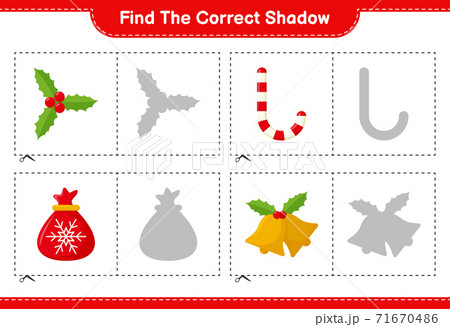 Find the correct shadow. Find and match the correct shadow of Christmas Decoration. Educational children game, printable worksheet, vector illustration 71670486