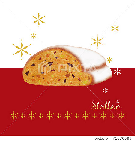 クリスマスのお菓子_シュトレン_背景白_赤いテーブルと金色の雪と星_stollen文字_色鉛筆タッチ 71670689