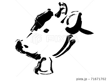 牛の横顔の手描きの和風イラスト 筆書きの線画の力強いイラストのイラスト素材