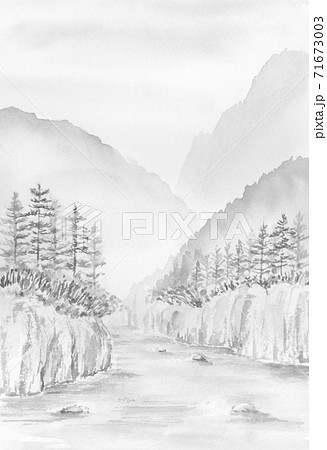 山と木と水の風景 水墨画 墨絵 山水画 モノクロのイラスト素材