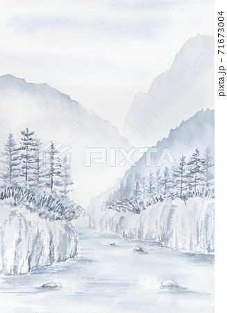 山と木と水の風景 水墨画 墨絵 山水画 青墨のイラスト素材 [71673004