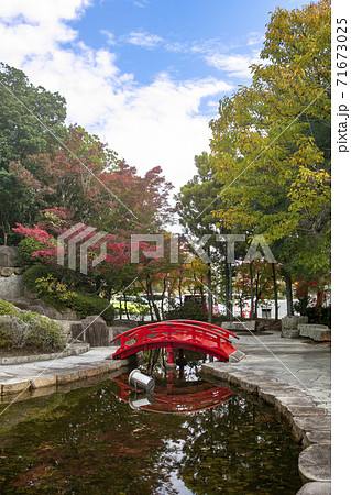 岡山桃太郎空港の前にある紅葉し始めた公園を空と池を入れて撮るの写真素材