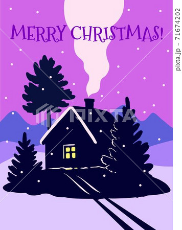 Cute Christmas greeting card with cozy little house and fir trees. Snowing evening.  71674202