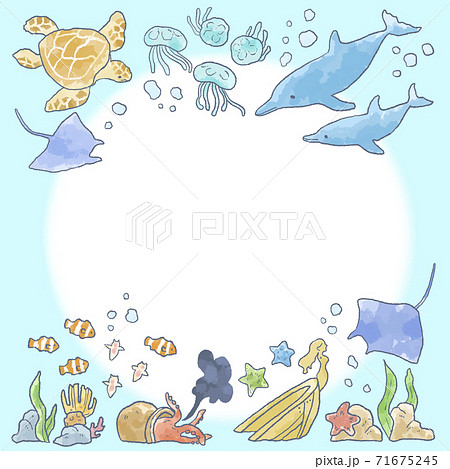 優しいタッチの海の生き物イラストフレームのイラスト素材 [71675245
