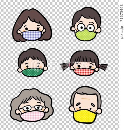 Illustration of a 3rd generation family wearing colorful masks Illustration of a 3rd generation family wearing colorful masks 71675468