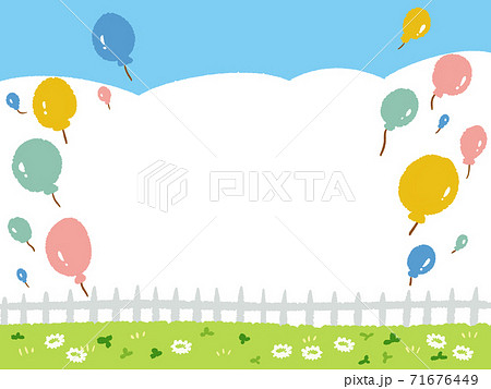 柵と芝生と青空と風船のイラスト壁紙 横長のイラスト素材