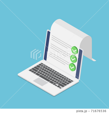 Isometric Laptop with Document and Check Mark 71676536