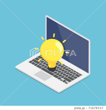 Isometric Laptop with Yellow Lightbulb of Idea 71676537