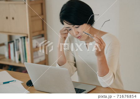 テレワーク・在宅ワークに目の疲れ・頭痛を感じる女性 71676854