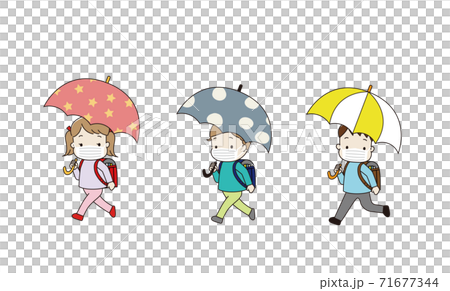 傘を差して学校へ行く子供たち マスク着用のイラスト素材