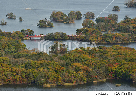 紅葉の大沼公園を走る貨物列車 71678385