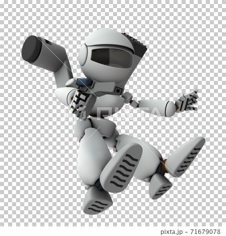 降下侵攻する武装ロボット兵。3Dレンダリング。白バック。 71679078