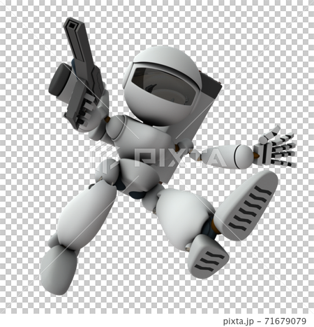 An armed robot soldier who descends and invades. 3D rendering. White background. 71679079