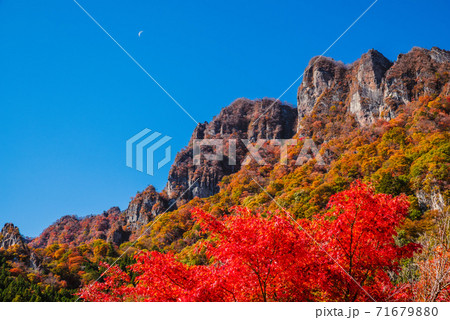 群馬県 紅葉する妙義山 妙義山パノラマパークから撮影 上毛三山 の写真素材