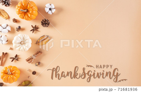 Thanksgiving background decoration from dry leaves and pumpkin on  pastel background. Flat lay, top view. 71681936