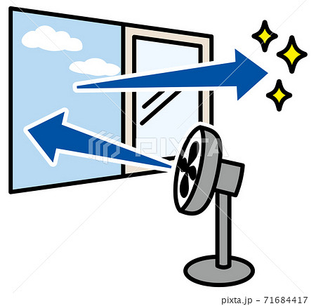 扇風機の風を窓に向けて部屋の換気をしているイラスト アイコン ピクトグラムのイラスト素材