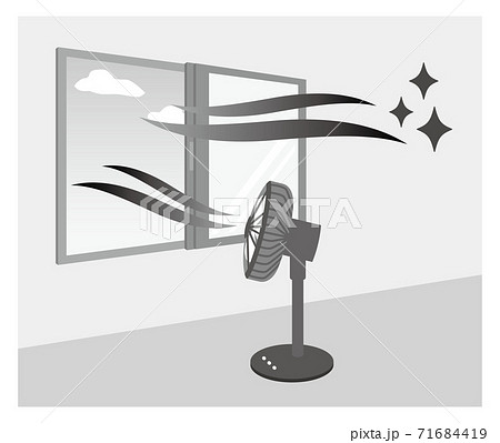 扇風機の風を窓に向けて部屋の換気をしているイラスト モノクロのイラスト素材