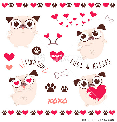 ユーモラスなパグキャラクターとハートの素材セットのイラスト素材
